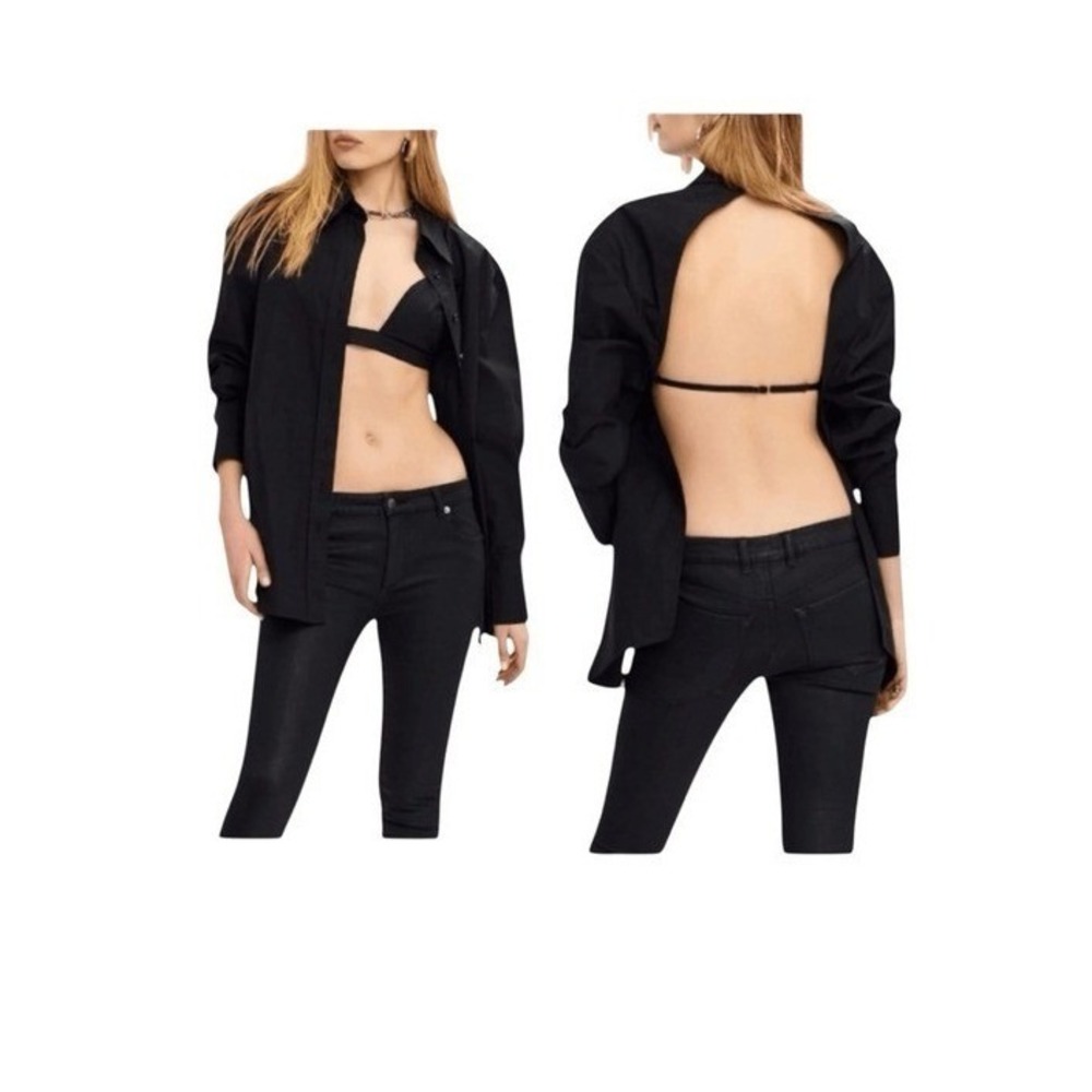 SER.O.YA Lydia Open Back Button Down Shirt Black Exaggerated Cuffs Built-In Bra